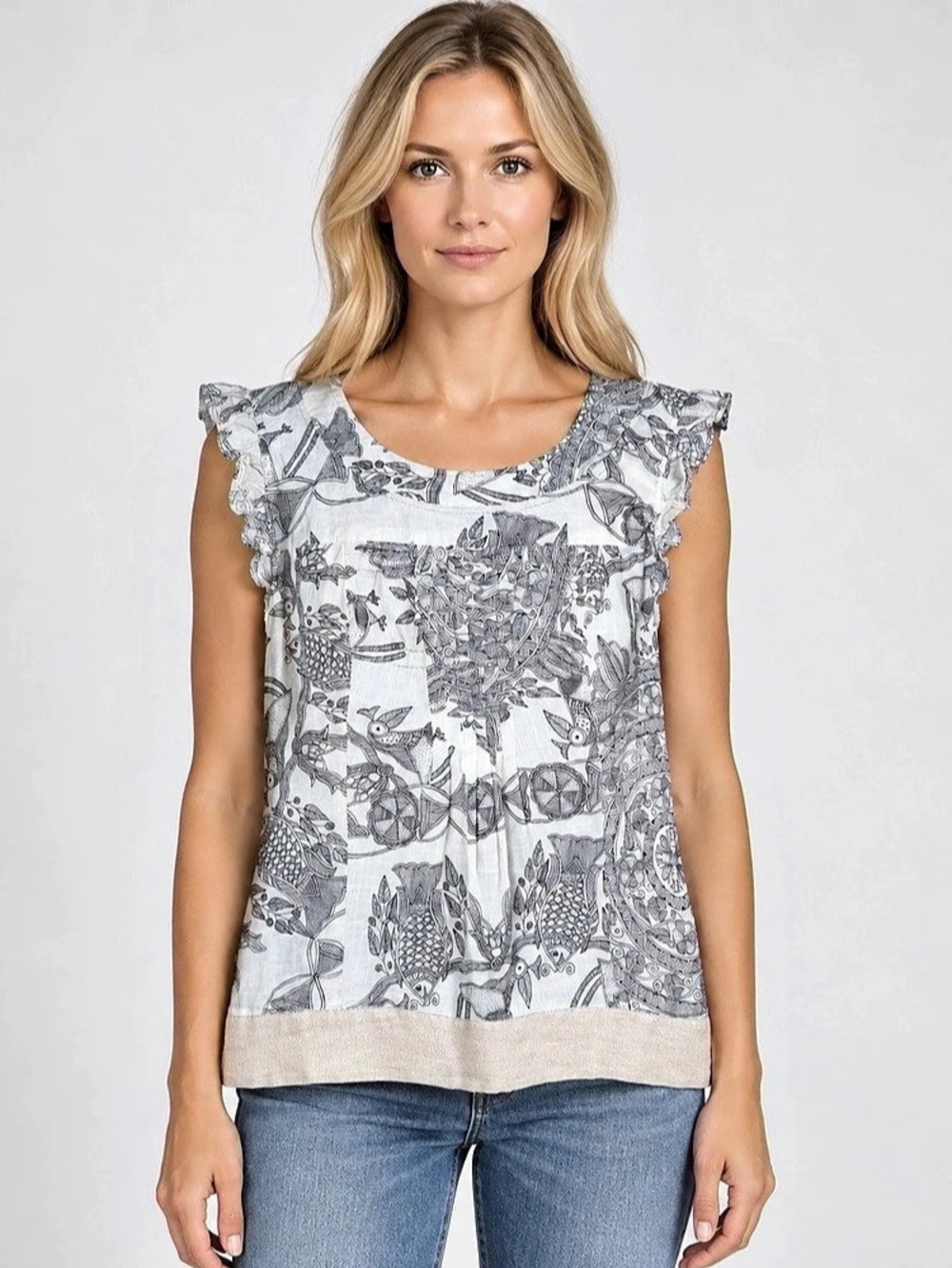 edme & esylitte Anthropologie Ruffle Sleeve Cotton Blouse Size 10 Boho Line Art